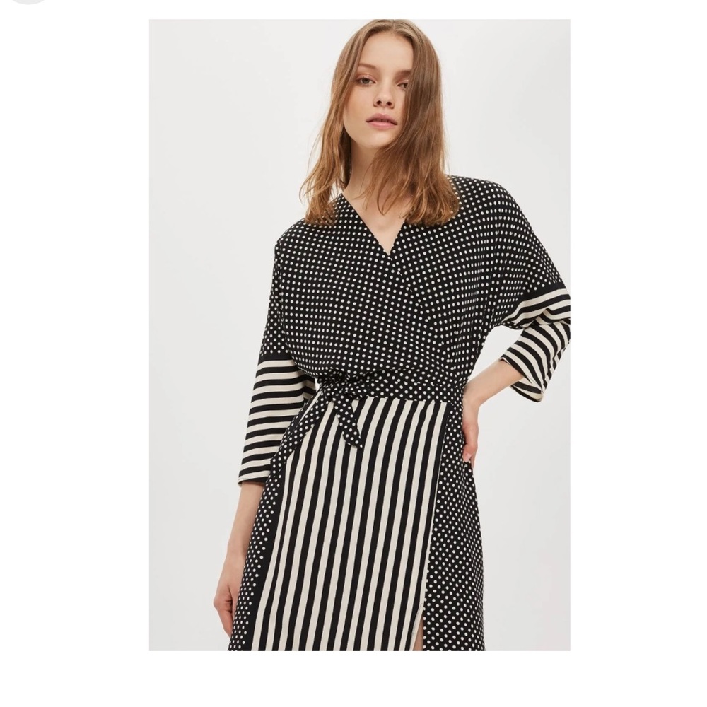 TOPSHOP Wrap Dress Crossover Polka Dot Stripe Midi Kimono 3/4 Robe Asymmetrical